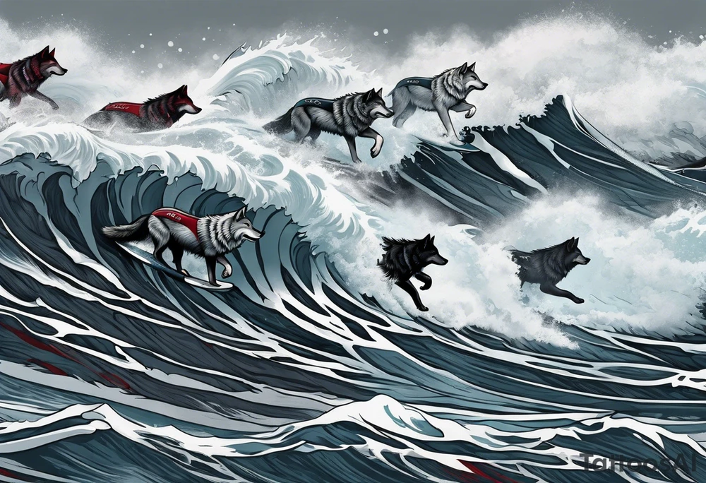 a pack of howling muscular  gray wolves surfing waves with a linear background with red, white and black and gray tattoo idea