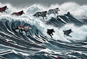a pack of howling muscular  gray wolves surfing waves with a linear background with red, white and black and gray tattoo idea