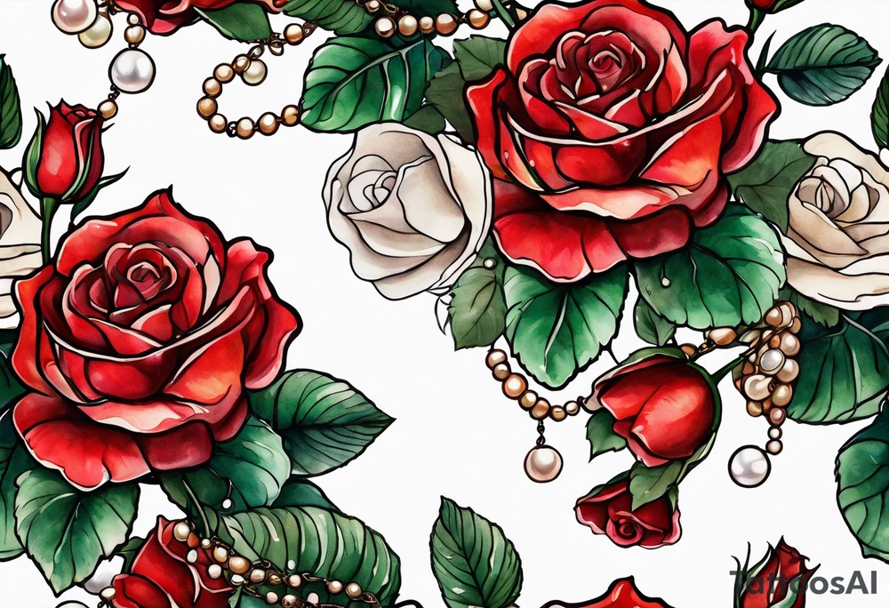 Red roses with a chain of pearls and seashells tattoo idea