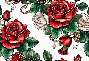 Red roses with a chain of pearls and seashells tattoo idea