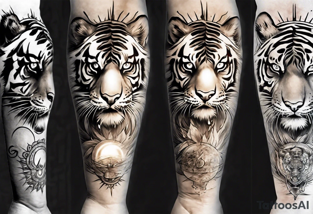 Ancient tiger with lightning and a sun for a forearm sleeve. With patterns surrounding it tattoo idea Ancient tiger with lightning and a sun for a forearm sleeve. With patterns surrounding it tattoo idea