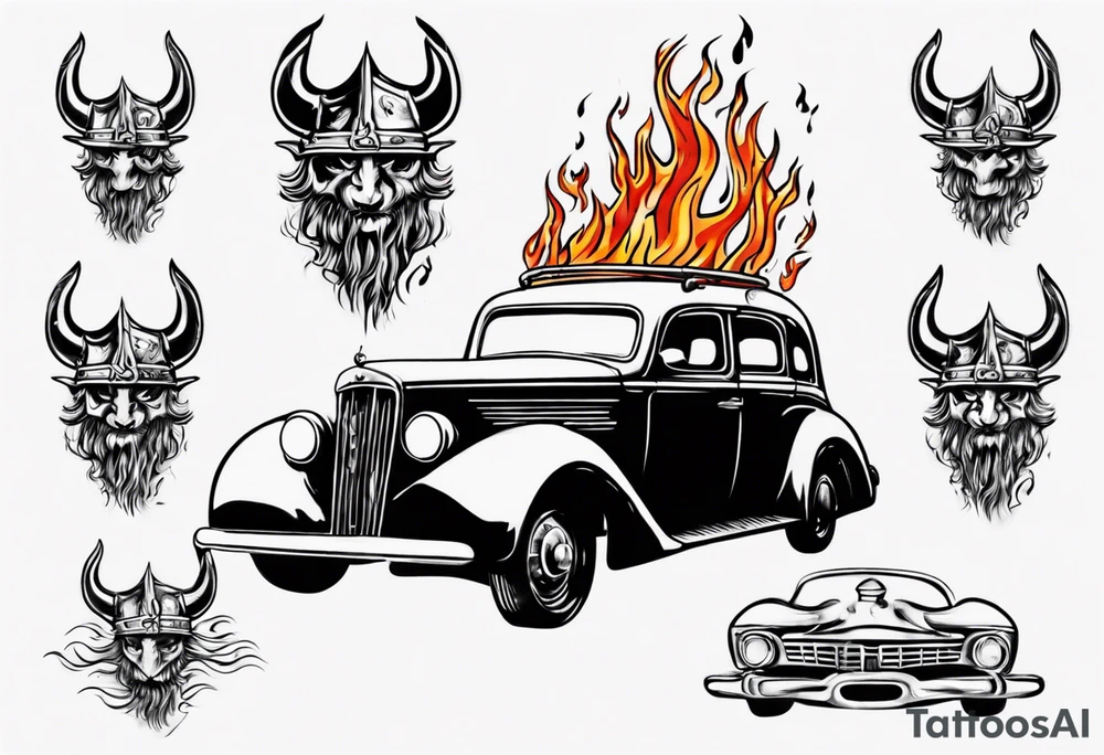 An old vintage car with flames coming out of the hood and a viking head at the top of the flames tattoo idea