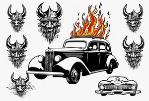 An old vintage car with flames coming out of the hood and a viking head at the top of the flames tattoo idea