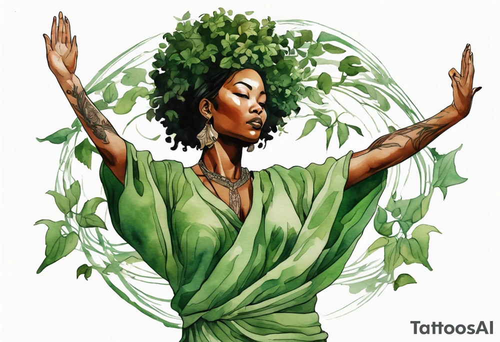 a tree trunk with roots that is a beautiful black woman from the waist up, arms reaching up to the sun, wearing a green tunic tattoo idea