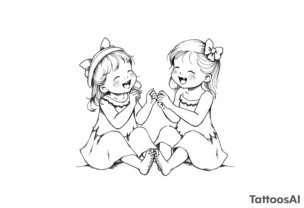 Zwei lachende kleine mädchen sitzen sich gegenüber eine hat einen Dutt die andere einen Zopf und sie berühren sich an den Fußsohlen tattoo idea