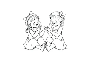 Zwei lachende kleine mädchen sitzen sich gegenüber eine hat einen Dutt die andere einen Zopf und sie berühren sich an den Fußsohlen tattoo idea