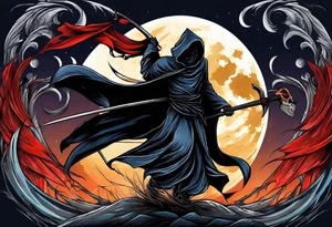 Grim reaper and scythe with moon behind cloak wind blown tattoo idea