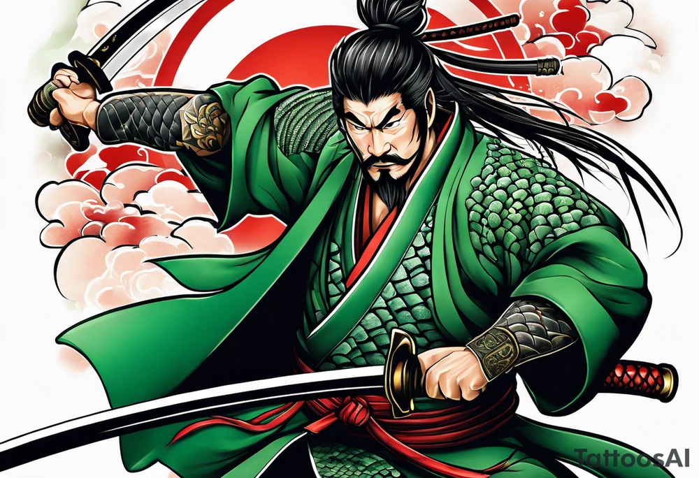 Ronin with drawn Katana in front of green dragon scale background in irezumi style tattoo idea