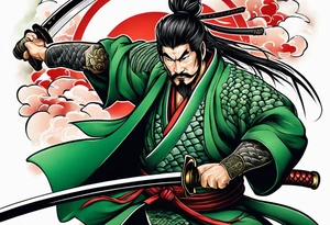 Ronin with drawn Katana in front of green dragon scale background in irezumi style tattoo idea