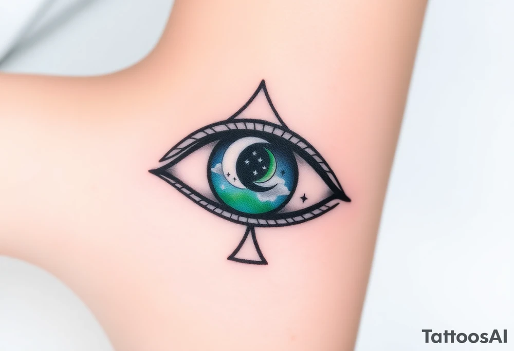 Large outline of an almond shaped eye with an ace of spades for the eyeball colored greenish blue with a crescent moon stars and clouds inside vivid colors blue green purple tattoo idea