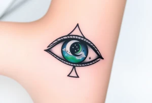 Large outline of an almond shaped eye with an ace of spades for the eyeball colored greenish blue with a crescent moon stars and clouds inside vivid colors blue green purple tattoo idea