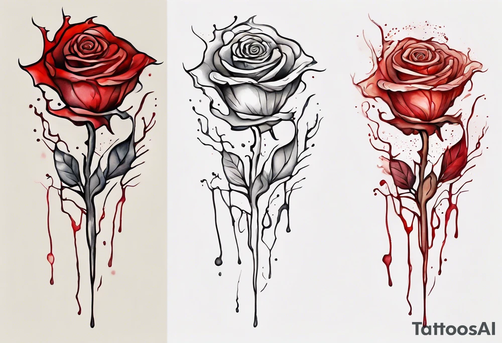 rose flower, one line, red blood dripping from the flower, tall, watercolor on light brown skin tattoo idea