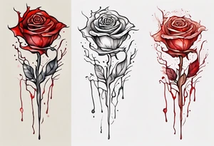 rose flower, one line, red blood dripping from the flower, tall, watercolor on light brown skin tattoo idea