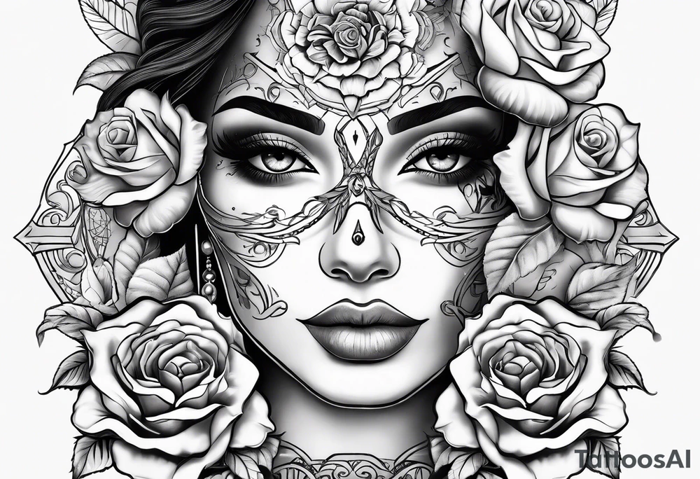 Hispanic/ Latin  woman  with half skull face , roses, loving heART, strength,  cancer zodiac sign  , time heals all tattoo idea