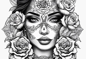 Hispanic/ Latin  woman  with half skull face , roses, loving heART, strength,  cancer zodiac sign  , time heals all tattoo idea