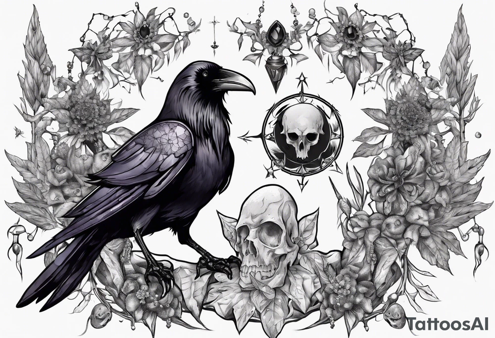 Demon Raven surrounded gems poisonous plants and astrology. tattoo idea