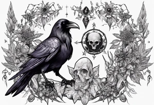 Demon Raven surrounded gems poisonous plants and astrology. tattoo idea