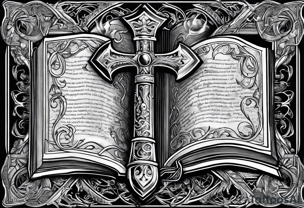 An opened bible with a battle Axe tattoo idea