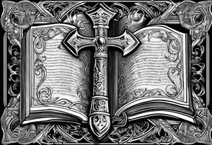 An opened bible with a battle Axe tattoo idea