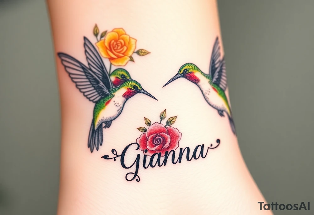 Beautiful majestic hummingbirds, surrounded by yellow, red and purple roses with the name Gianna tattoo idea