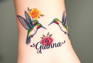 Beautiful majestic hummingbirds, surrounded by yellow, red and purple roses with the name Gianna tattoo idea