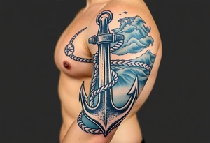 weathered anchor wrapped in nautical rope with sea waves tattoo idea