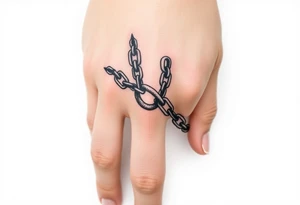 gothic chains intertwined on pointer finger and thumb tattoo idea