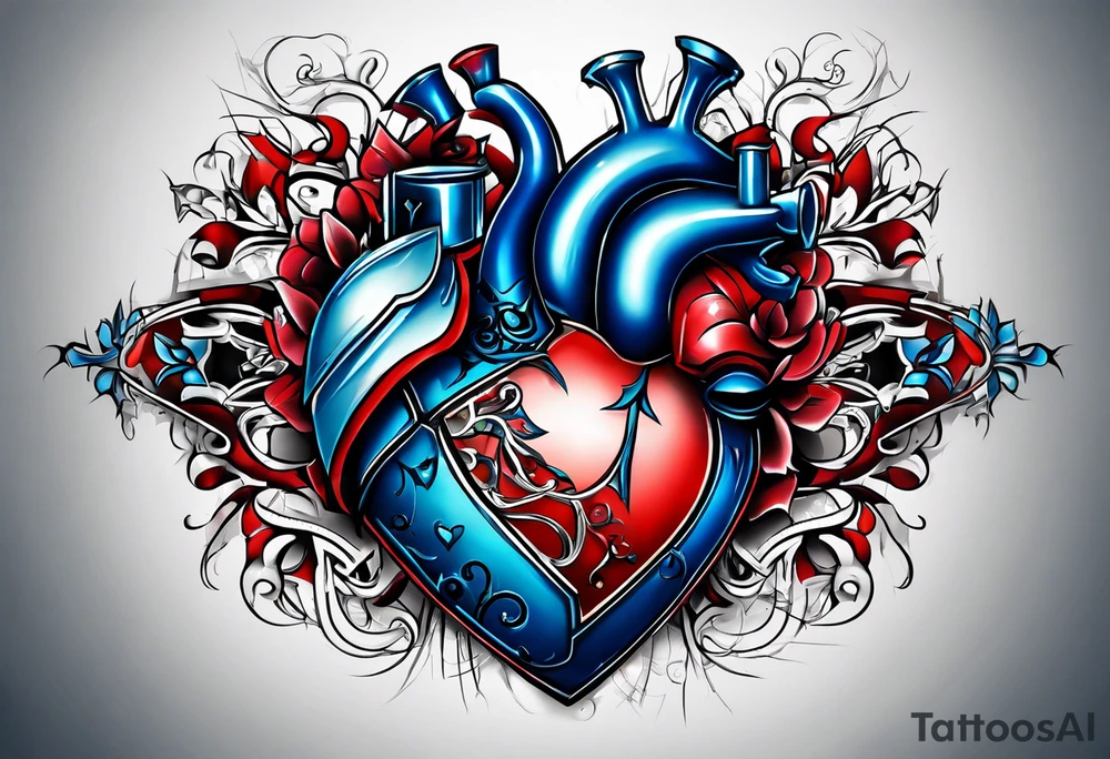 create a tattoo for men chest, the tattoo would be a big broken heart with red and blue colors, and around the heart, would be blue and red tribal shapes tattoo idea