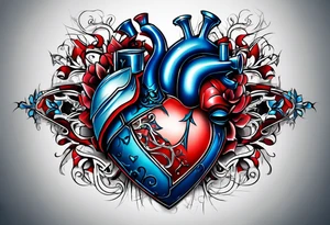 create a tattoo for men chest, the tattoo would be a big broken heart with red and blue colors, and around the heart, would be blue and red tribal shapes tattoo idea