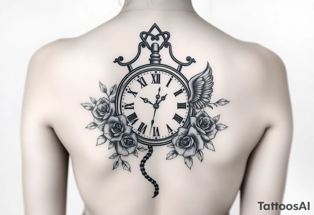 Clock, angel handcuffed, money, roses tattoo idea