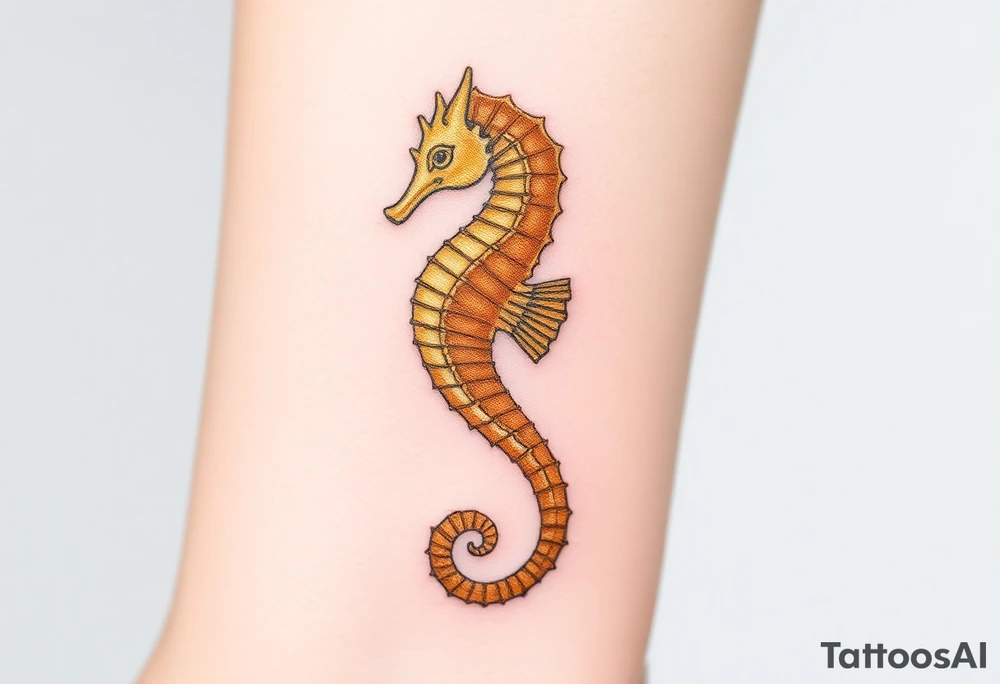 A majestic golden seahorse with delicate filigree engravings tattoo idea