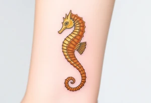 A majestic golden seahorse with delicate filigree engravings tattoo idea