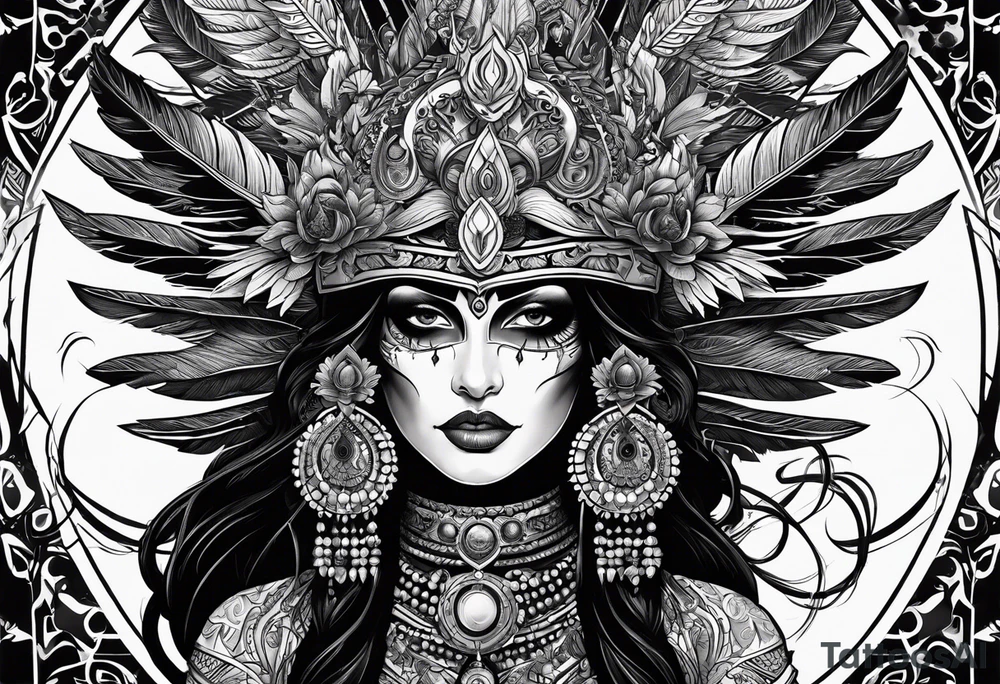 kali, goddess pirate, pachamama, valkrye, warrior, skull, lotus azul, wing, eagle, zenza resonance tattoo idea