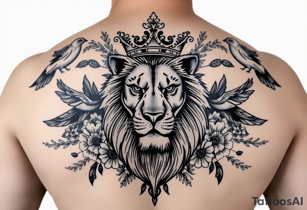 powerful majestic lion with a crown, surrounded by floral ornaments and birds tattoo idea