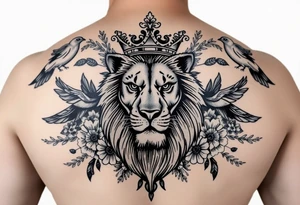 powerful majestic lion with a crown, surrounded by floral ornaments and birds tattoo idea