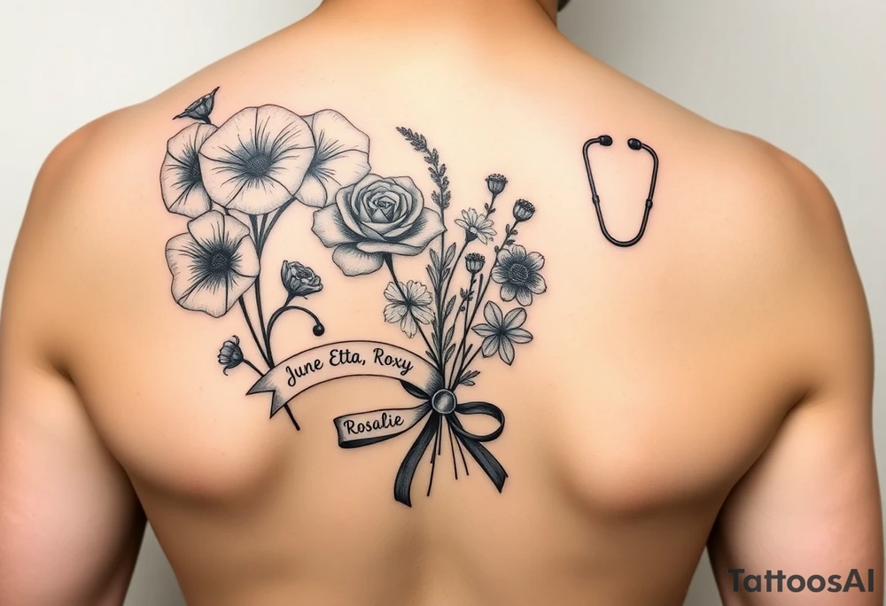Half arm sleeve of 3 hollyhock flowers, one wild rose, 5 wild flowers in a bouquet with ribbon bow towards the bottom like the just got picked. On the ribbon include three names: June Etta, Roxy, Rosalie. Next the bouquet put a full realistic stethoscope tattoo idea