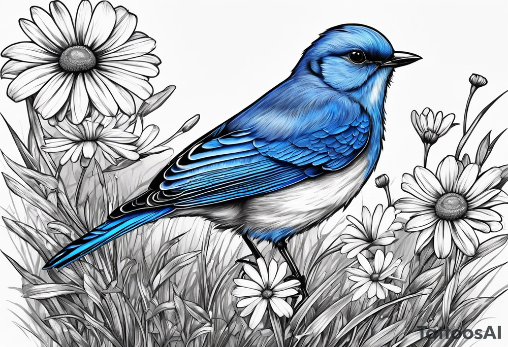 Blue bird perched in grass with a daisy tattoo idea