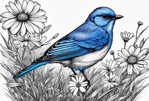 Blue bird perched in grass with a daisy tattoo idea