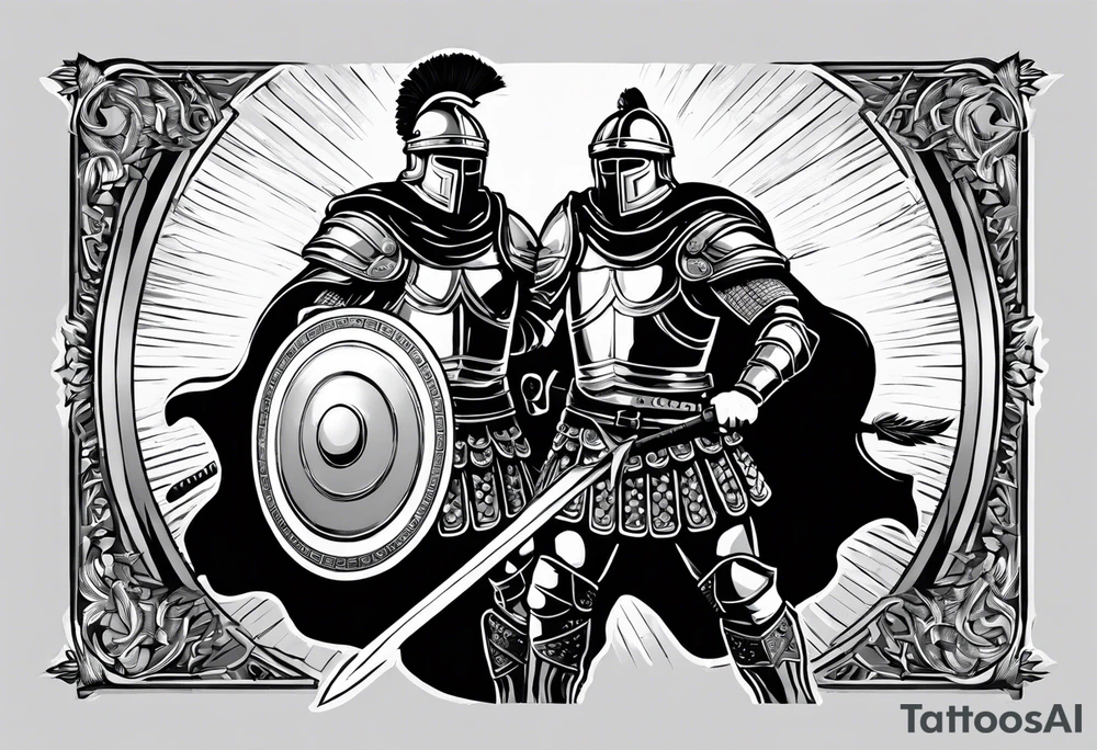 high quality black and white illustration, full body image, a strong tall roman centurion, wearing armour, wearing a belt, wearing a metal breastplate, holding a large shield, wearing a helmet, holding a sword. Flaming arrows are being fired at the centurion, he is blocking the arrows with his shield tattoo idea
