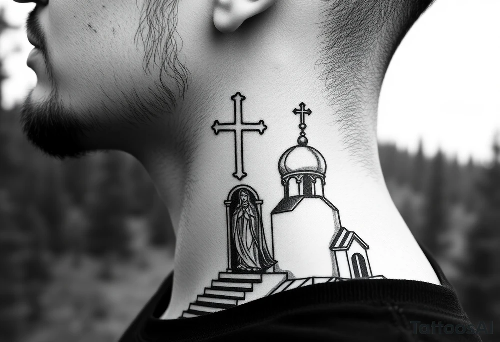 russian design traditional christian orthodox cross with a virgin mary stood beside the entrance of a russian orthodox dome church on the side of the neck in a wilderness setting with the design spread out the side of the neck tattoo idea