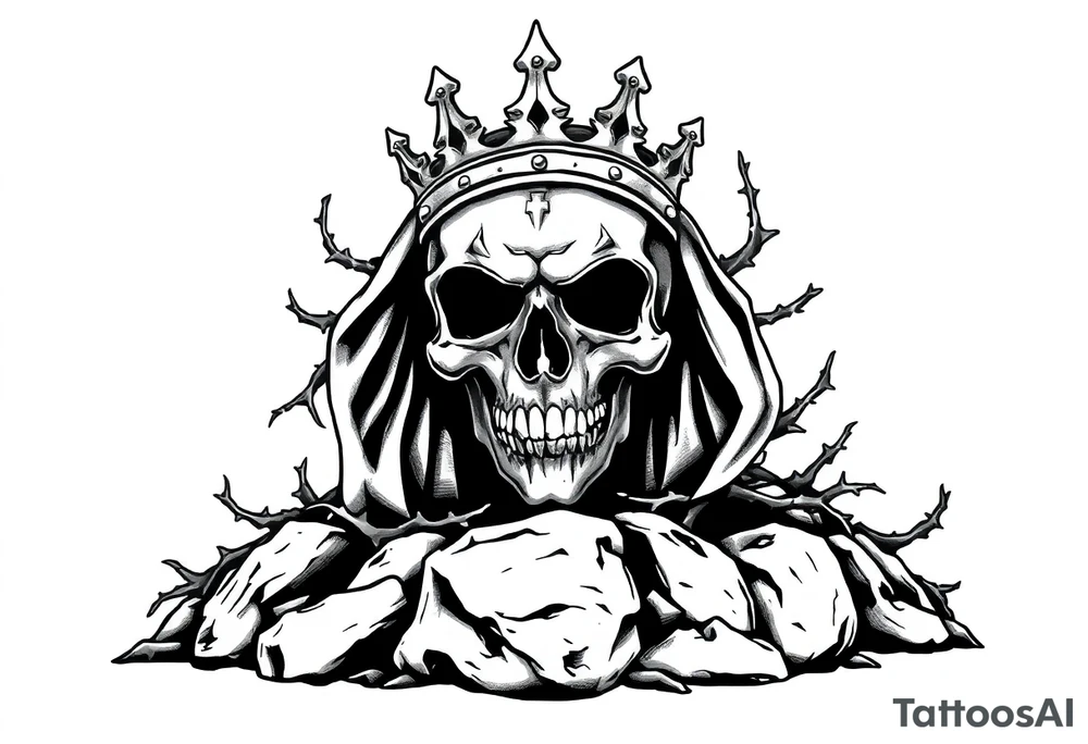 A crowned skull or warrior rising from a stone barrow, cloaked in shadows and thorns. tattoo idea