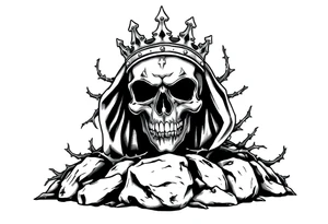 A crowned skull or warrior rising from a stone barrow, cloaked in shadows and thorns. tattoo idea