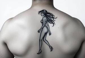 Black woman with long hair walking tattoo idea