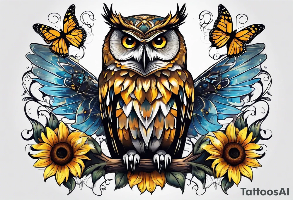 Owl, sunflower with a butterfly tattoo idea