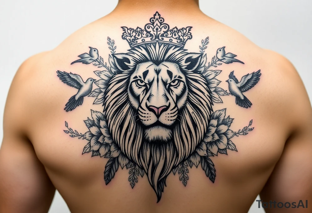powerful majestic lion with a crown, surrounded by floral ornaments and birds tattoo idea