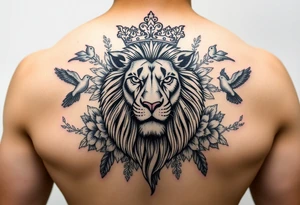 powerful majestic lion with a crown, surrounded by floral ornaments and birds tattoo idea