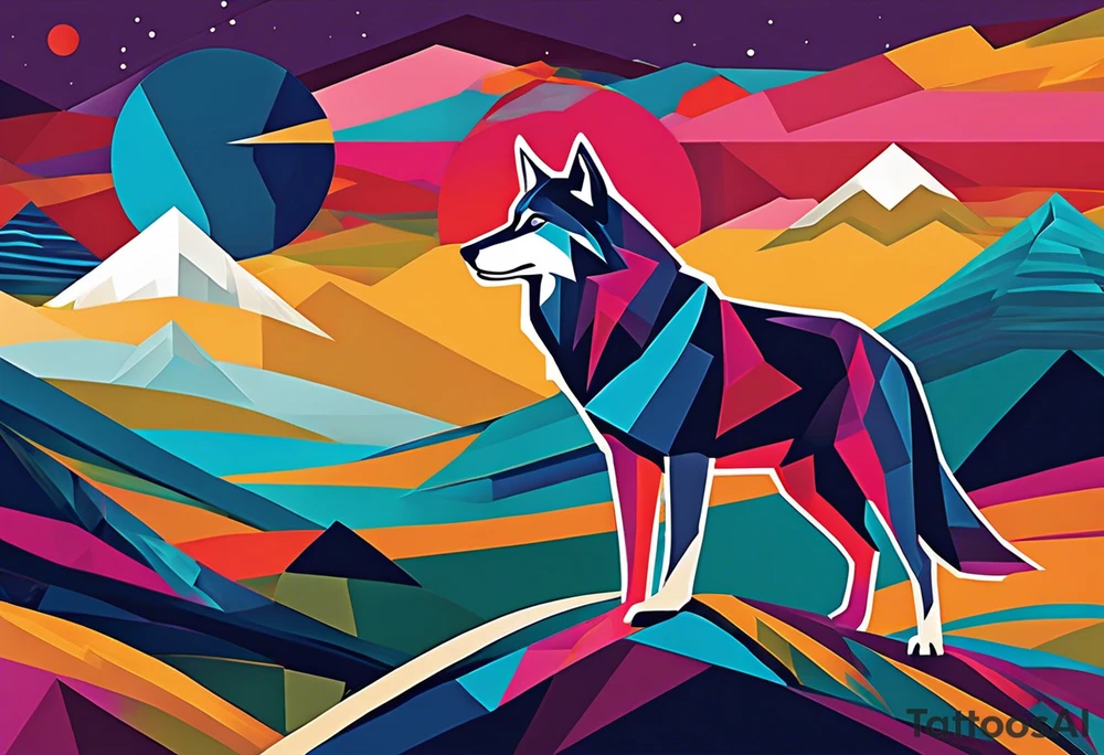 lone wolf traversing a geometric landscape, with sharp lines and vibrant colors symbolizing life's challenges. The wolf's determined gaze reflects resilience and strength, while abstract elements around it represent obstacles overcome. The phrase "Conquer the Journey" in bold, contemporary lettering completes the design, capturing the essence of overcoming life's battles with modern flair. tattoo idea