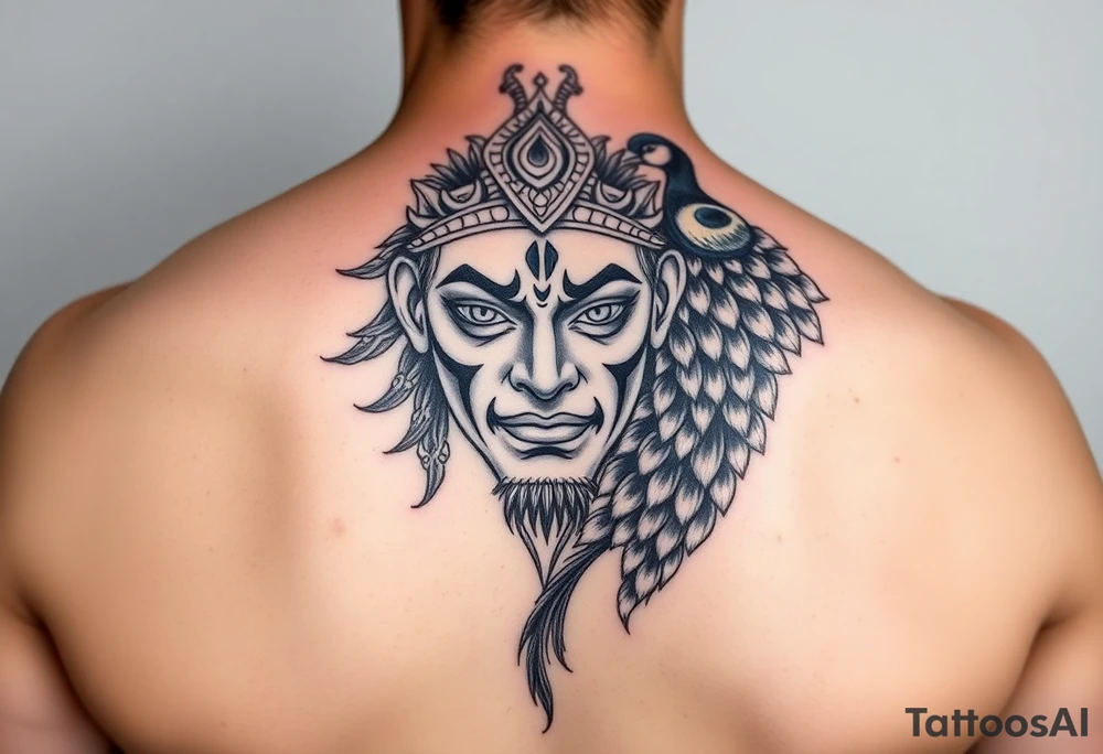 lord murugan colorful face tattoo with peacock
on back tattoo idea