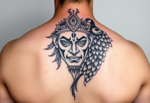 lord murugan colorful face tattoo with peacock
on back tattoo idea
