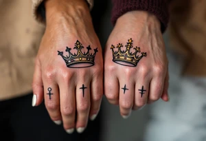 Minimalist black king and queen crowns with gold and silver accents on the outer hands of couple celebrate your royal bond. tattoo idea